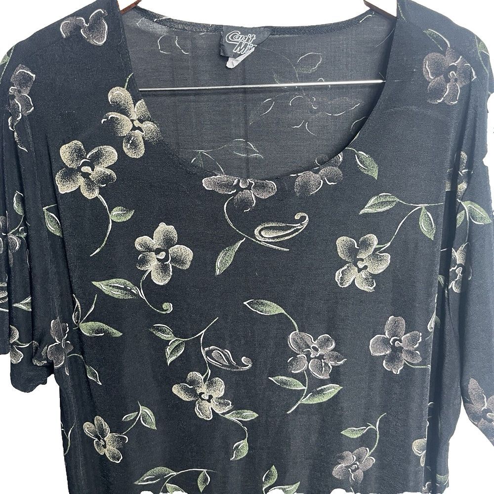 Vintage Cant‎ Miss Womens L Black Yellow Sheer Floral Blouse Top Cottage Fairy